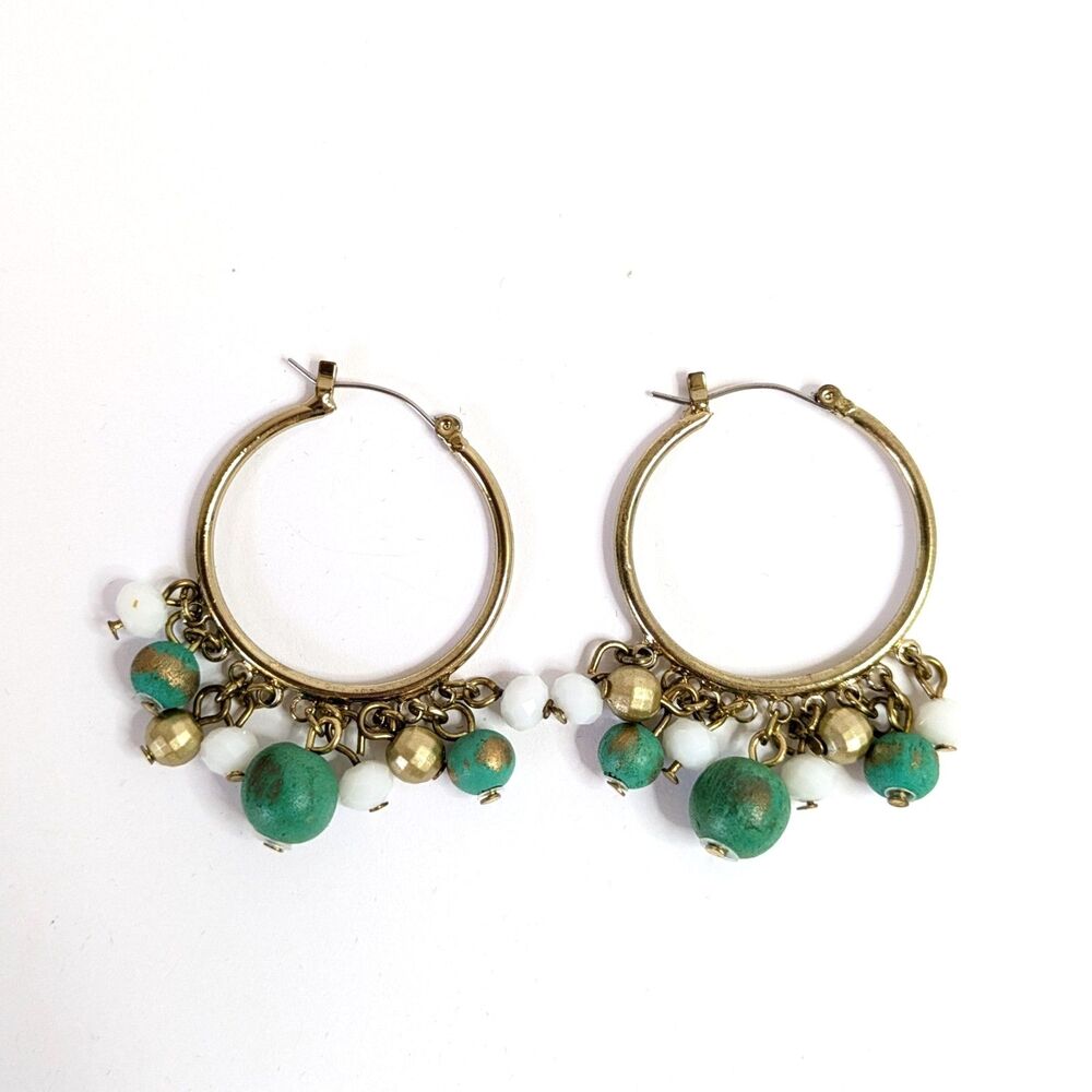 Gold Tone Hoop Cha Cha Earrings Turquoise Color & White Beads Beach Boho